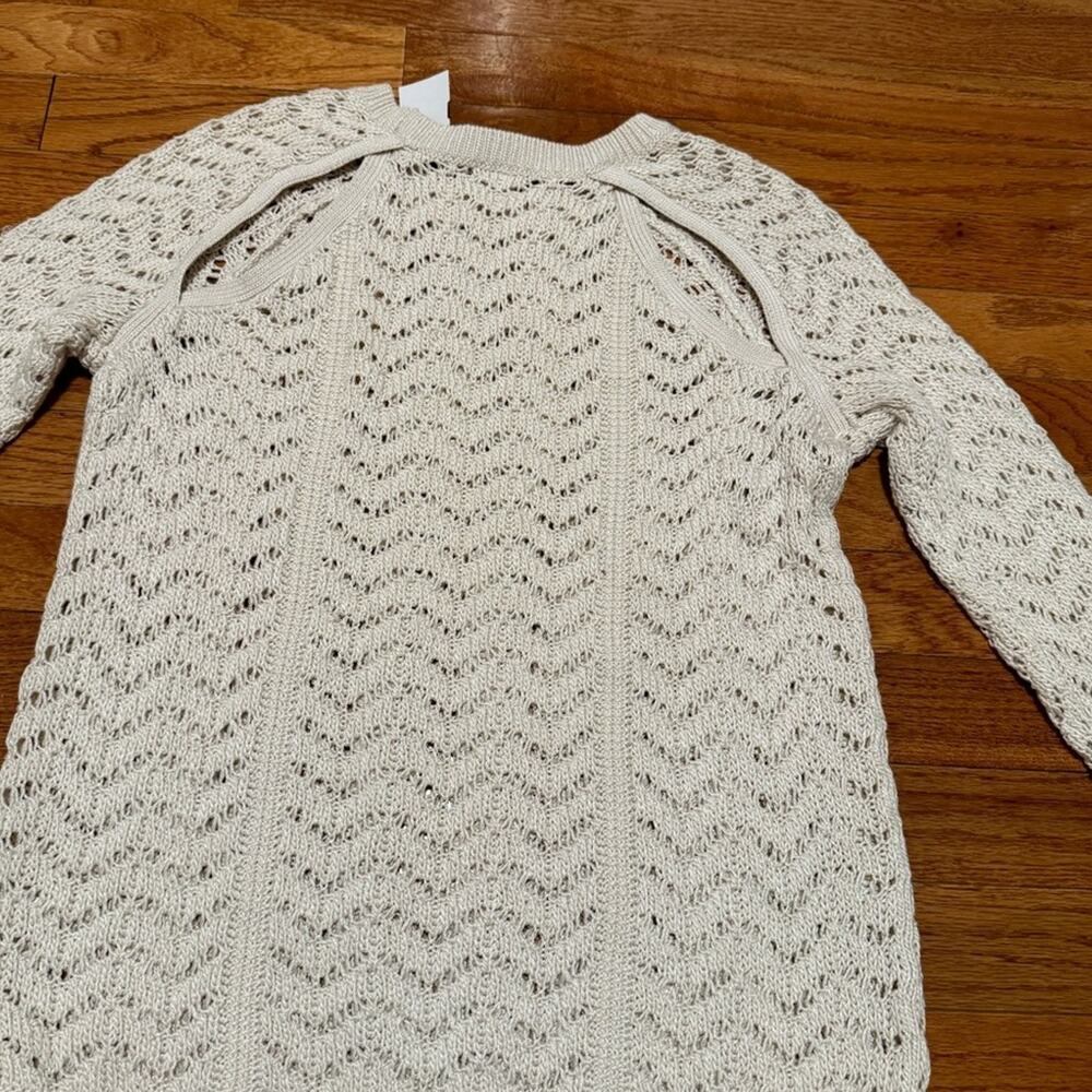 Club Monaco open stitch crochet tan-off‎ white crew long sleeve women Sweater XS - Picture 4 of 9